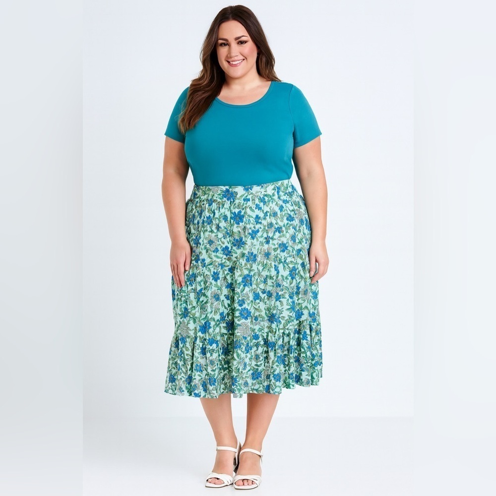 Lands’ End Floral Tiered Skirt 1X Blue Green Midi Lightweight Boho Cottagecore